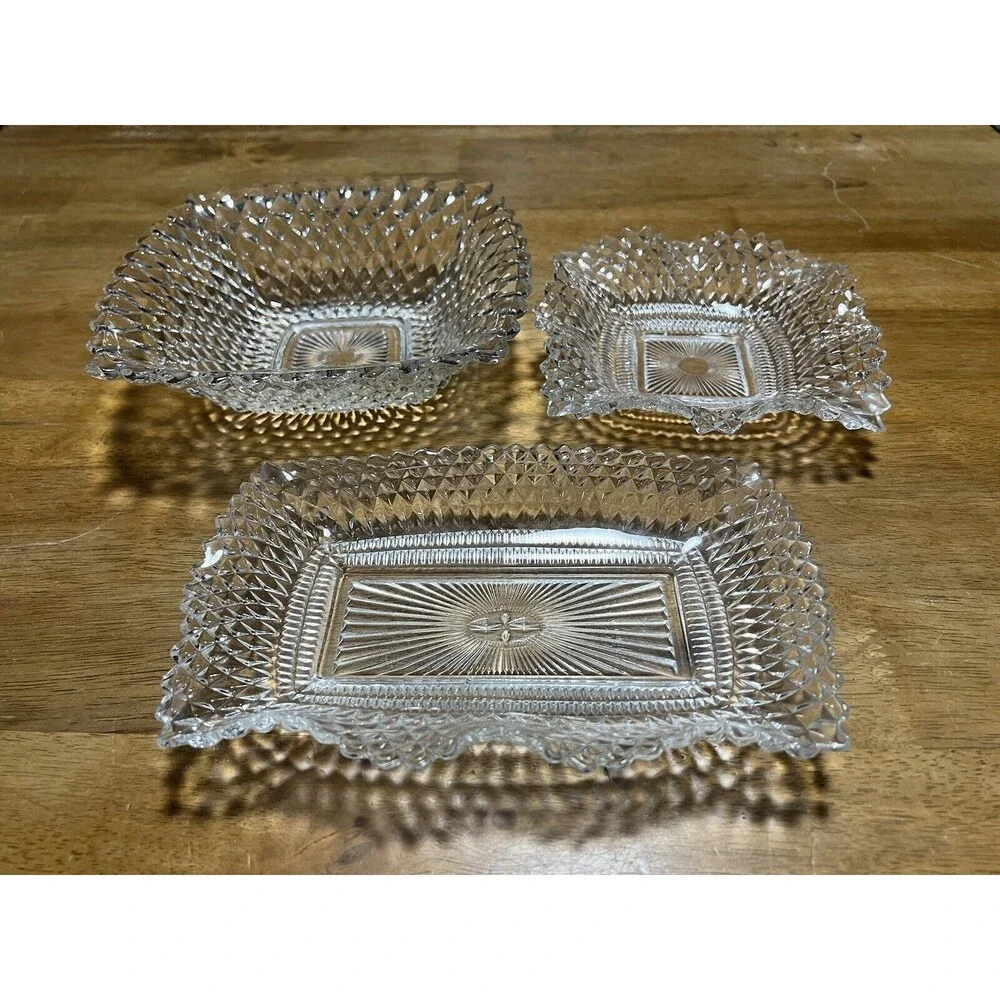 Set of 3 INDIANA GLASS Bowls Square Ruffle Diamond Point Candy Nut Dish Clear